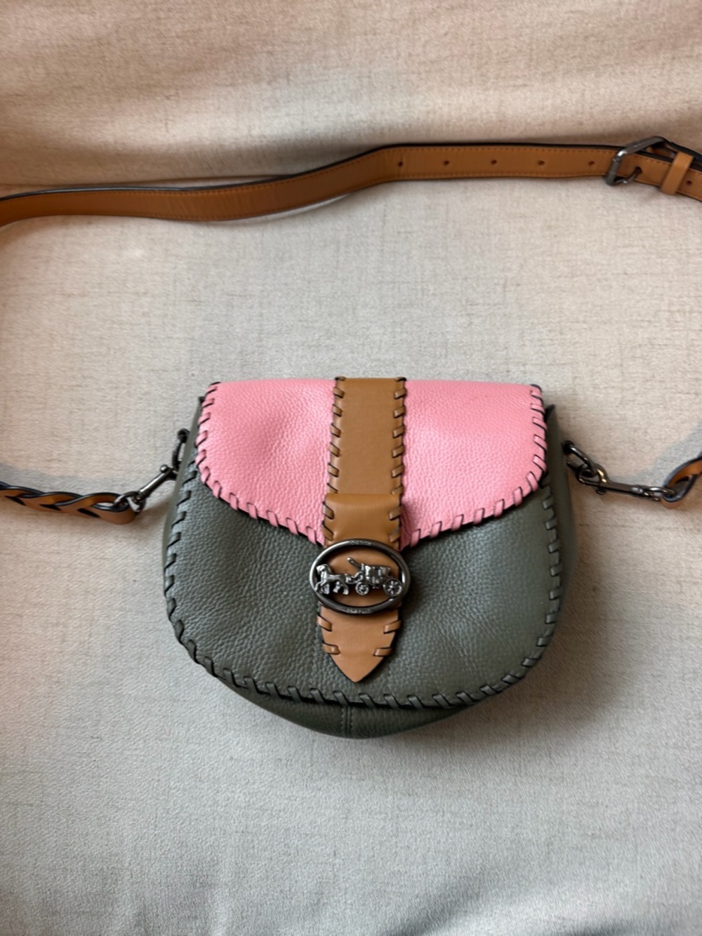 Coach Pink, Olive & Tan Leather Crossbody Saddle Bag - Picture 12 of 12